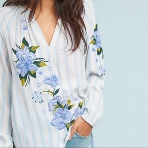Anthropologie Akemi + Kin Embroidered  Blue and White Striped Top Size Large